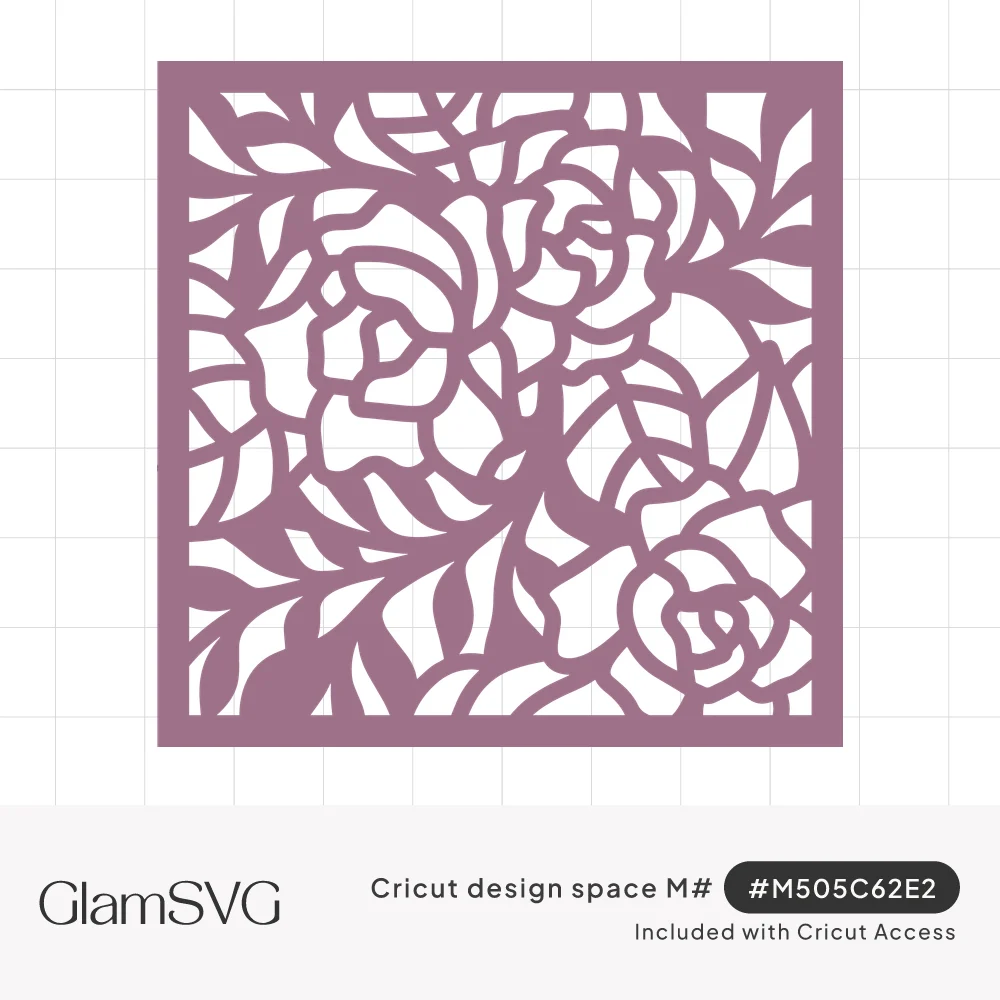 Mauve square cutwork panel with three roses and leaves formed by lacy open spaces in a lattice design