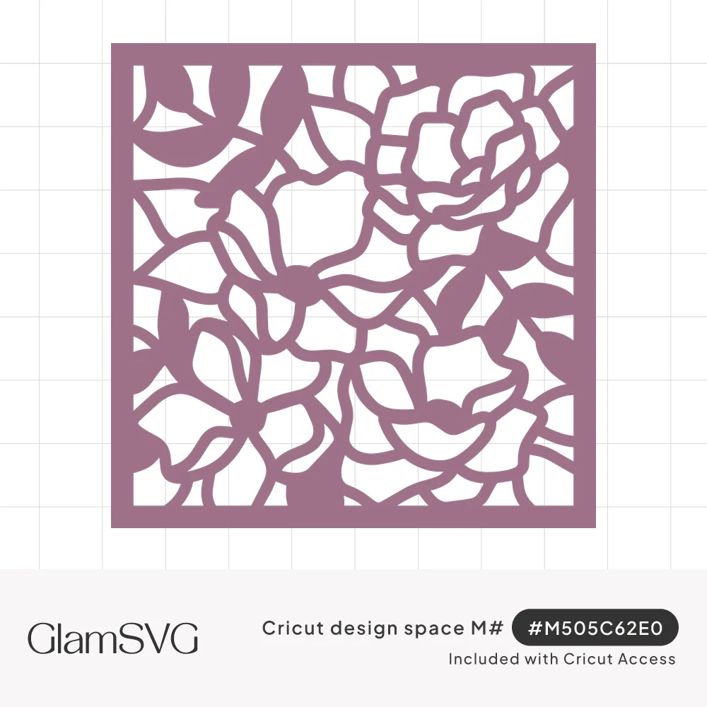Square mauve cutout panel with an openwork pattern of roses, blossoms and leaves