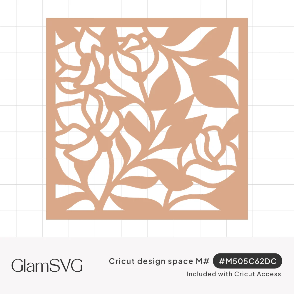 Square papercut panel of roses and leaves in a lacy cutout lattice with a solid border, shown in peach