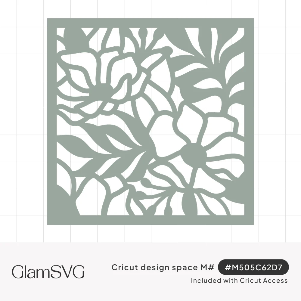Square sage green papercut panel with large open flowers and leaves cut as openwork inside a solid border