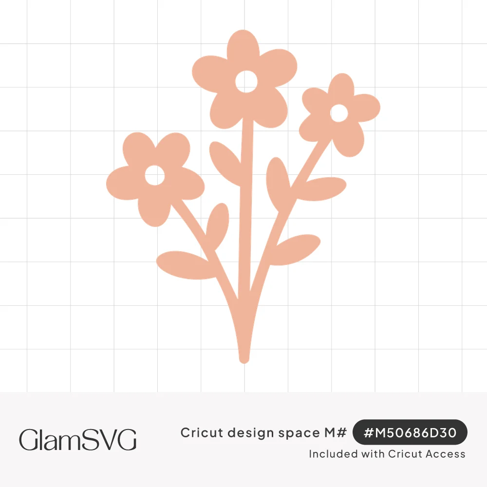 Peach silhouette of three five-petal flowers with round open centers on leafy stems joined at one base