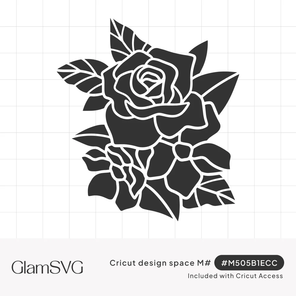 Black silhouette of an open rose with a smaller five-petal flower and leaves, drawn with white cutout lines