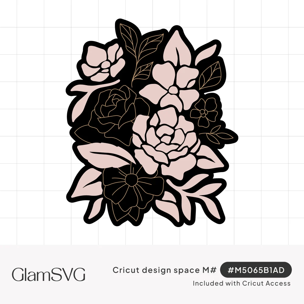 Cluster of blush pink and black roses, blossoms and leaves with fine line details and a thick black outline