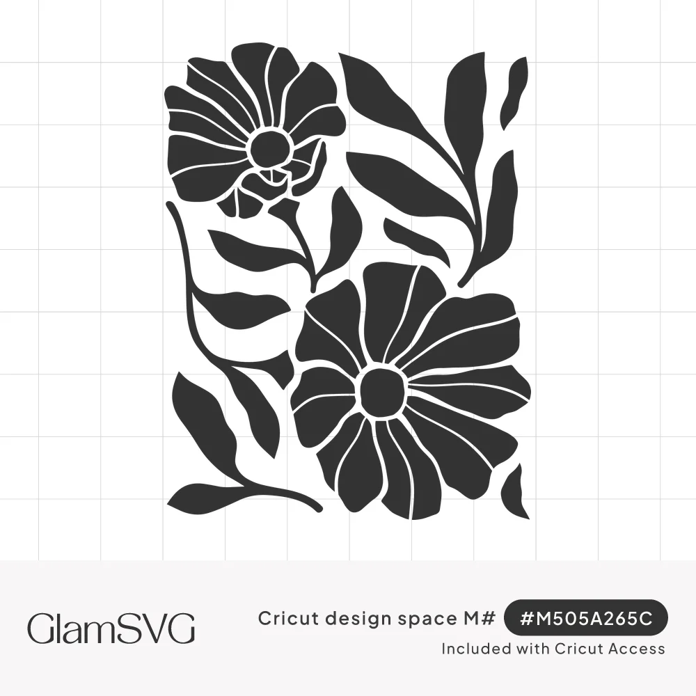 Black silhouette of two large daisy flowers with long leaves arranged in a rectangular block, with white cut lines