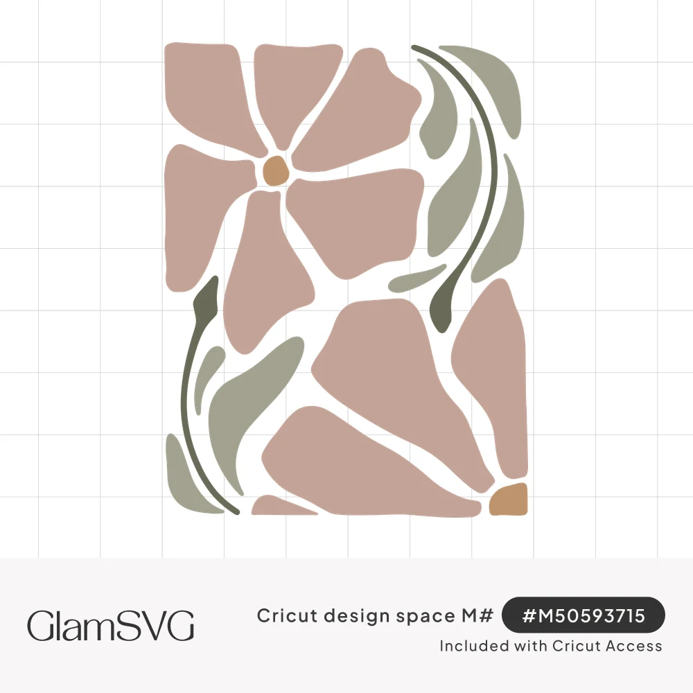 Abstract dusty pink flowers with tan centers and sage green leaves arranged in a rounded rectangle