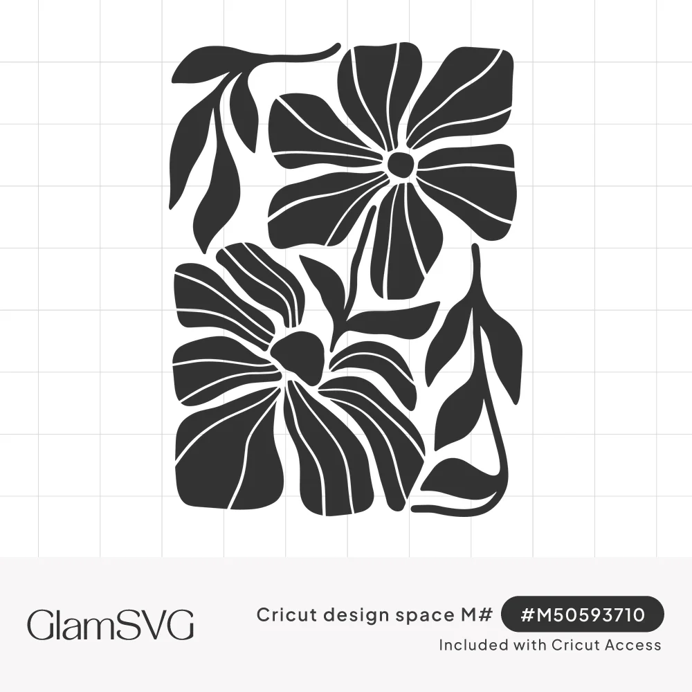 Black silhouette of two large abstract flowers with white-lined petals and leafy stems arranged in a rectangle