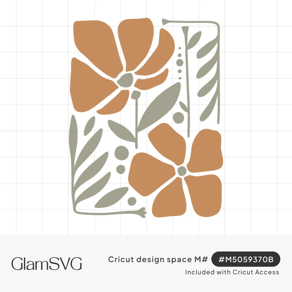 Rectangular panel of two large terracotta flowers with sage green centers, stems, leaves and dots in boho style