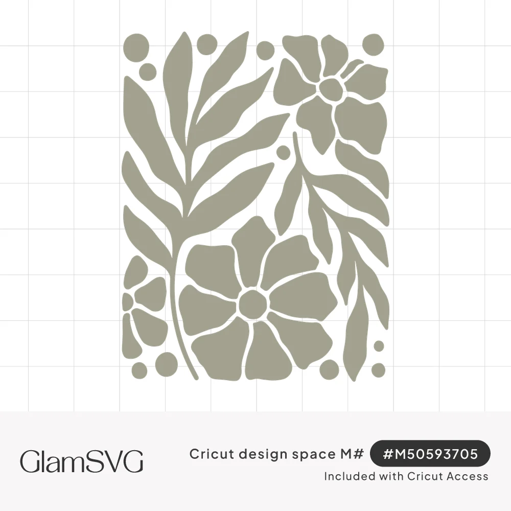 Sage green rectangular panel of abstract cutout flowers, leafy stems and round dots in a modern botanical style