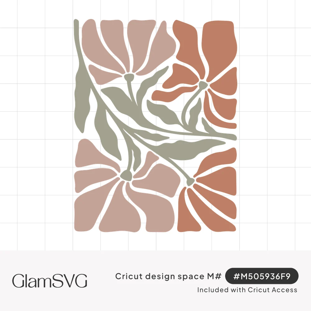 Abstract boho flowers in dusty pink and terracotta with sage green stems arranged in a rectangular block