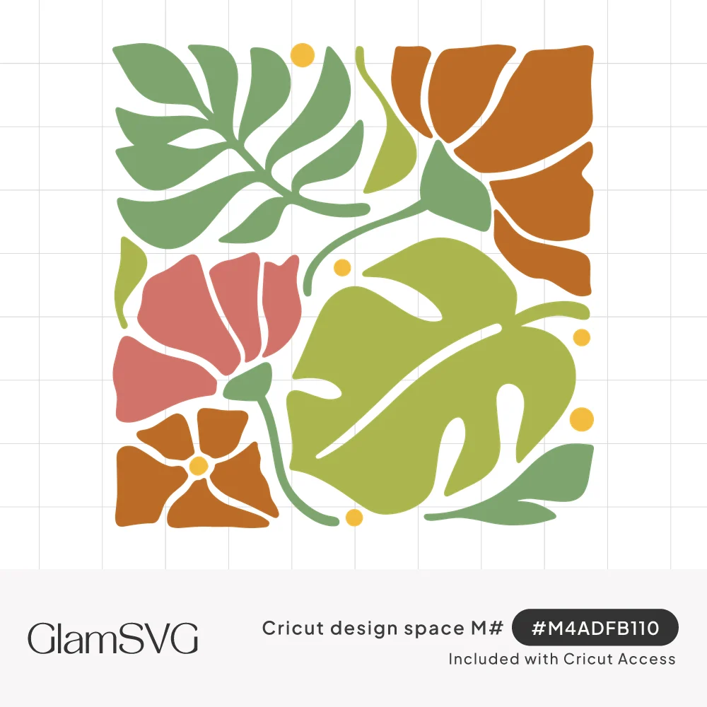 Square boho tile of green monstera and palm leaves with coral and burnt orange flowers and small yellow dots