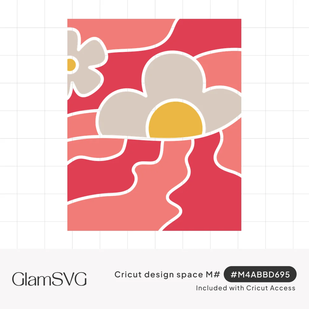 Rectangular panel of two cream daisies with yellow centers over wavy pink, coral and red stripes outlined in white