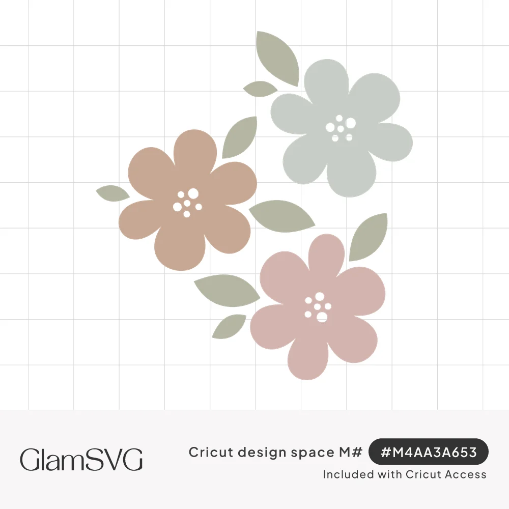 Three rounded five-petal flowers in peach, pale sage and blush pink with dotted centers and sage green leaves