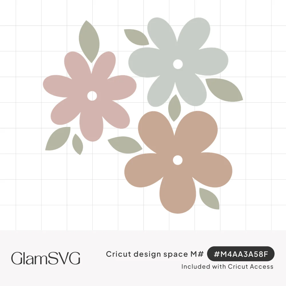 Three simple five-petal flowers in blush pink, sage gray and terracotta with small sage green leaves around them