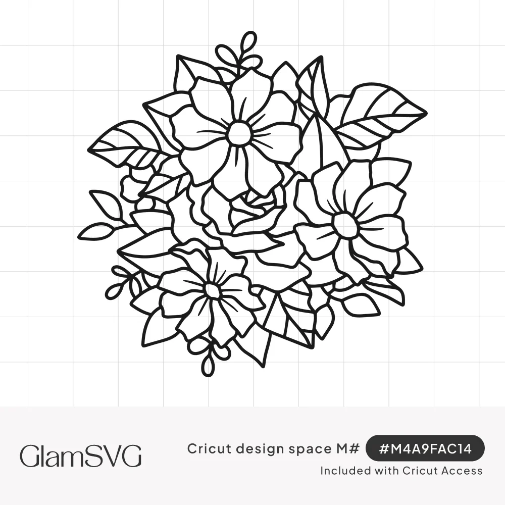 Black outline drawing of a flower bouquet with a central rose, two open blossoms, leaves and small sprigs
