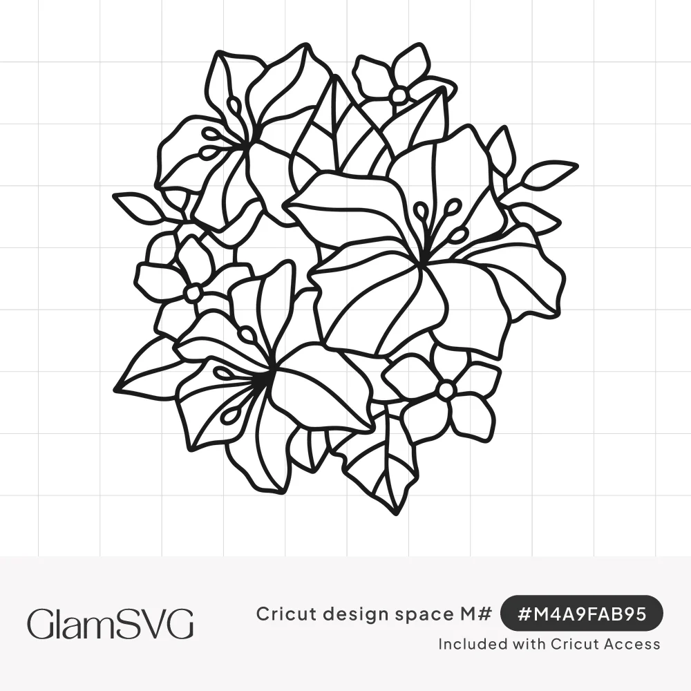 Black outline drawing of a rounded cluster of large lily-like flowers, small five-petal blossoms and leaves
