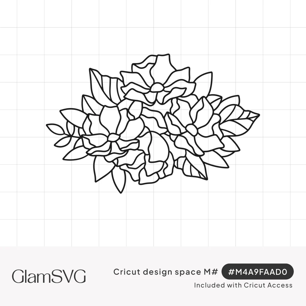 Black line art of a cluster of ruffled open flowers surrounded by pointed leaves on a white background
