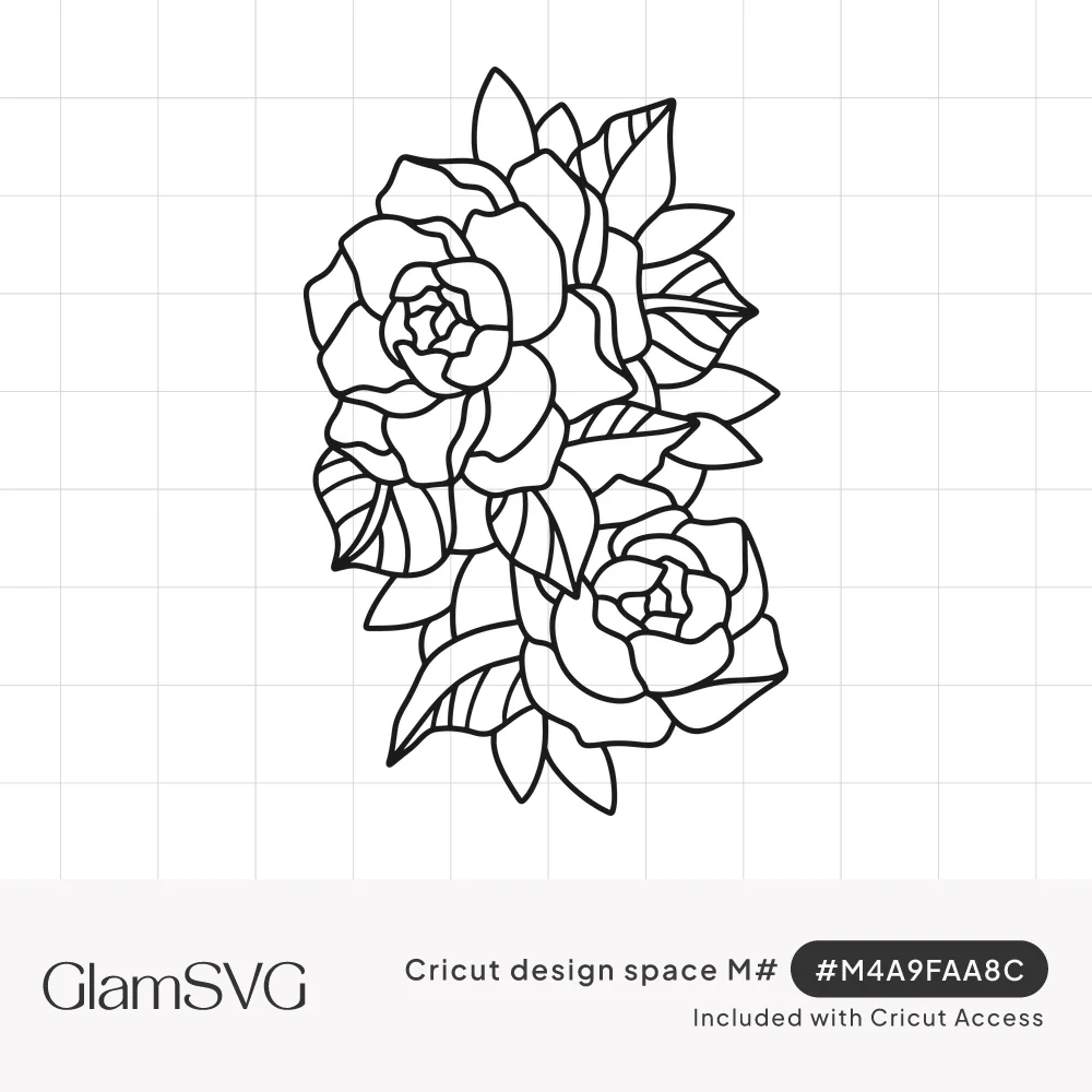 Black outline drawing of two layered roses with veined leaves arranged in a vertical floral cluster