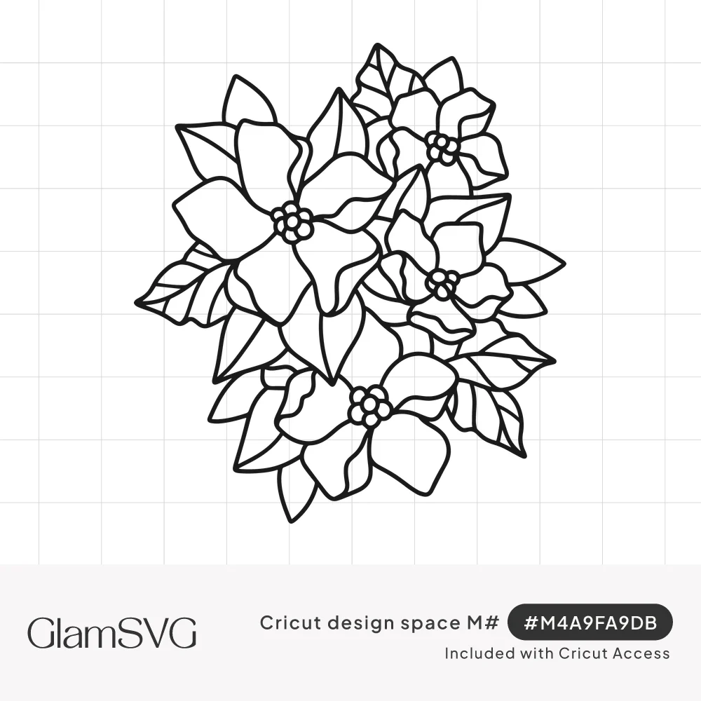 Black outline drawing of a rounded cluster of poinsettia flowers with beaded centers and pointed veined leaves