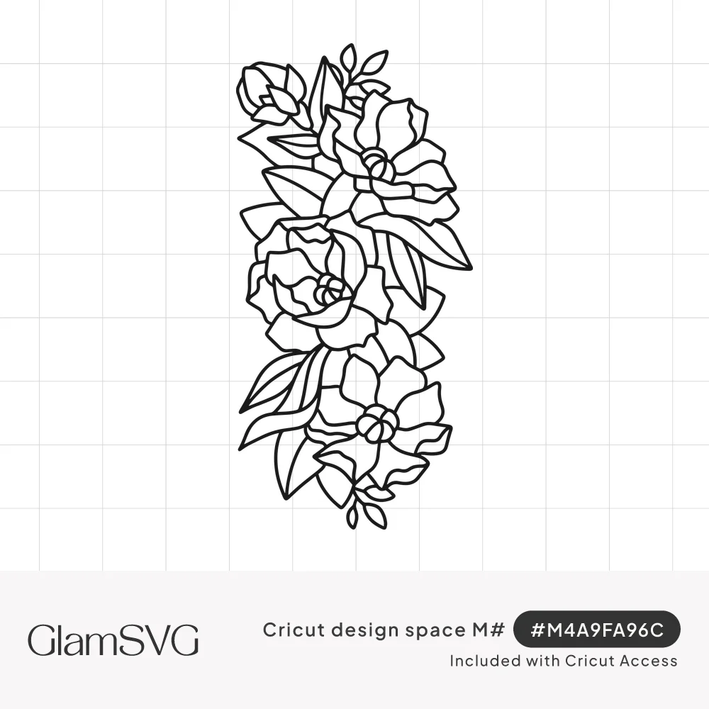 Black outline drawing of three open flowers and a bud stacked vertically with leaves in a tall floral spray