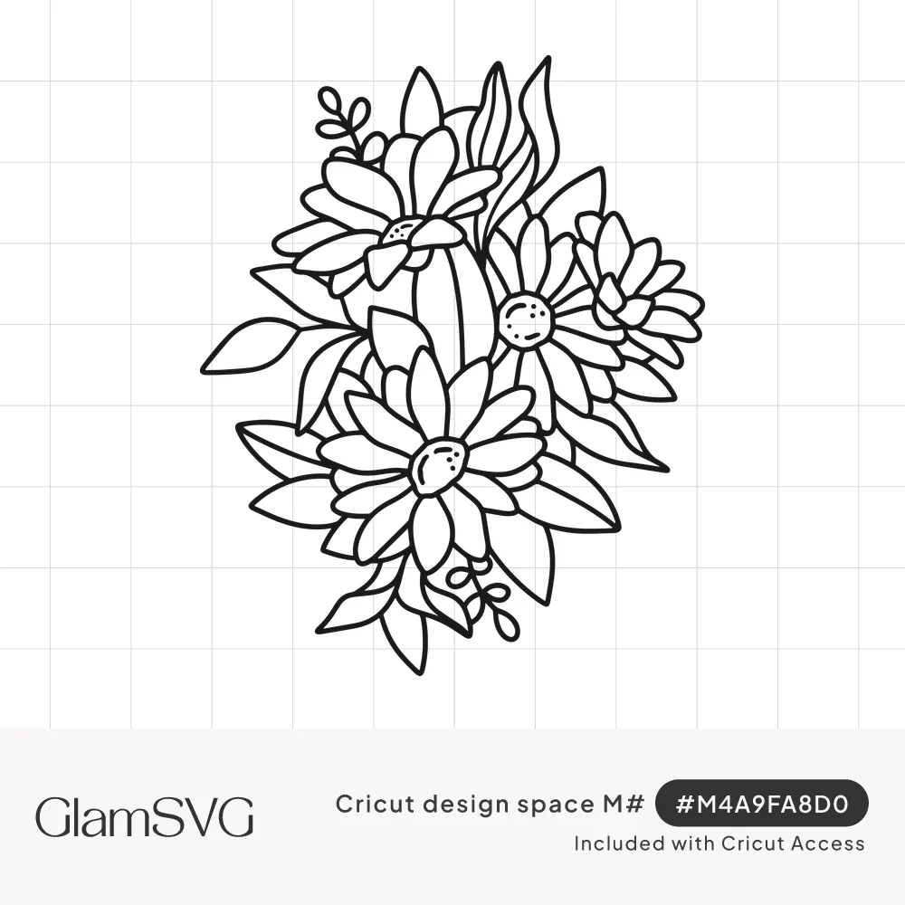 Black line art drawing of a bouquet of daisies and wildflowers with leaves and small sprigs on a white background