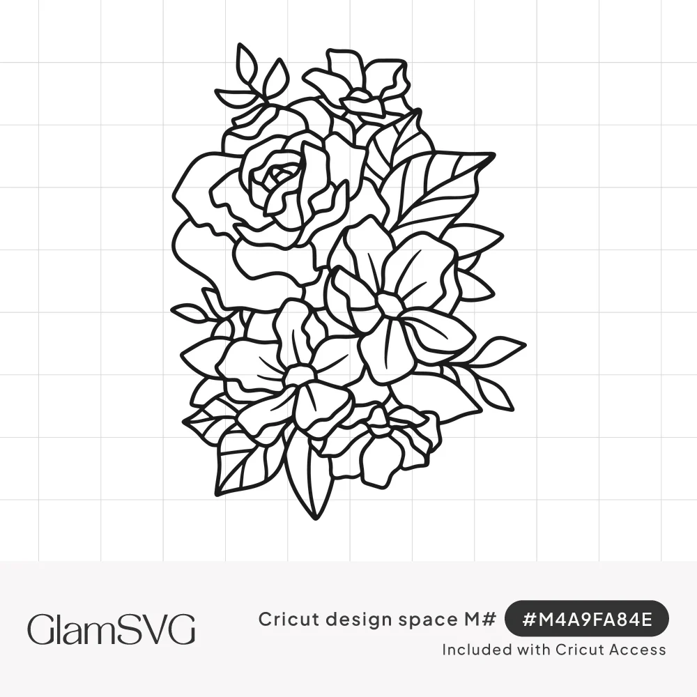 Black outline drawing of a floral bouquet with a large rose, five-petal blossoms and pointed leaves