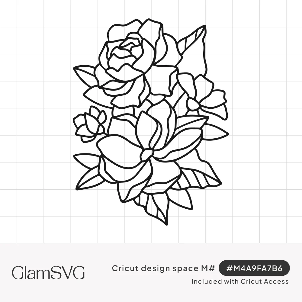 Black line drawing of a floral bouquet with a rose, an open magnolia, small buds and pointed leaves