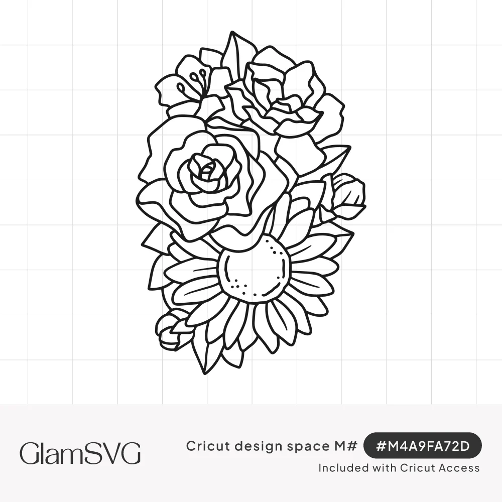 Black line art bouquet of a rose, sunflower, carnation and lily with leaves and small buds