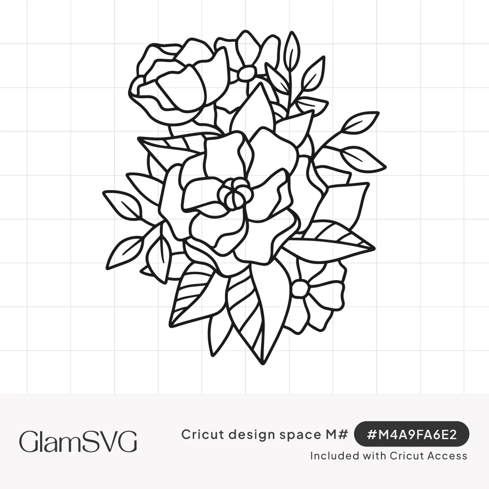 Black outline drawing of a flower bouquet with a large open bloom, a rose, small blossoms and pointed leaves