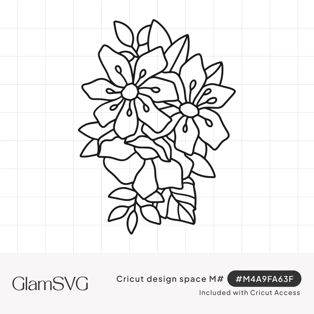 Black line art of two open five-petal flowers clustered with overlapping petals and leaves on a white background