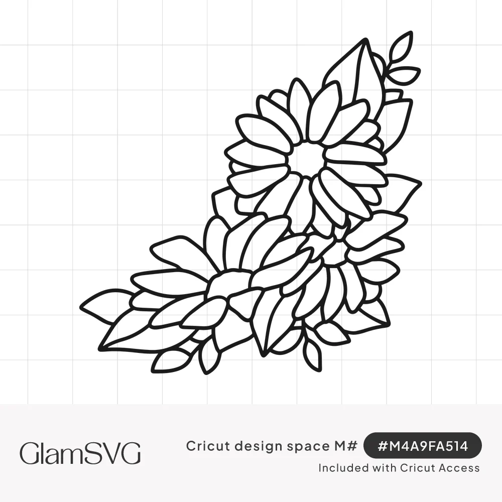 Black outline drawing of three overlapping daisies with leaves arranged diagonally as a corner floral spray