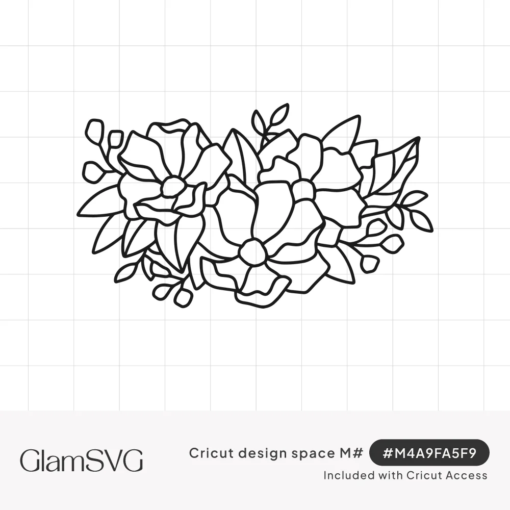 Black outline drawing of three open flowers clustered horizontally with leaves and small buds around them