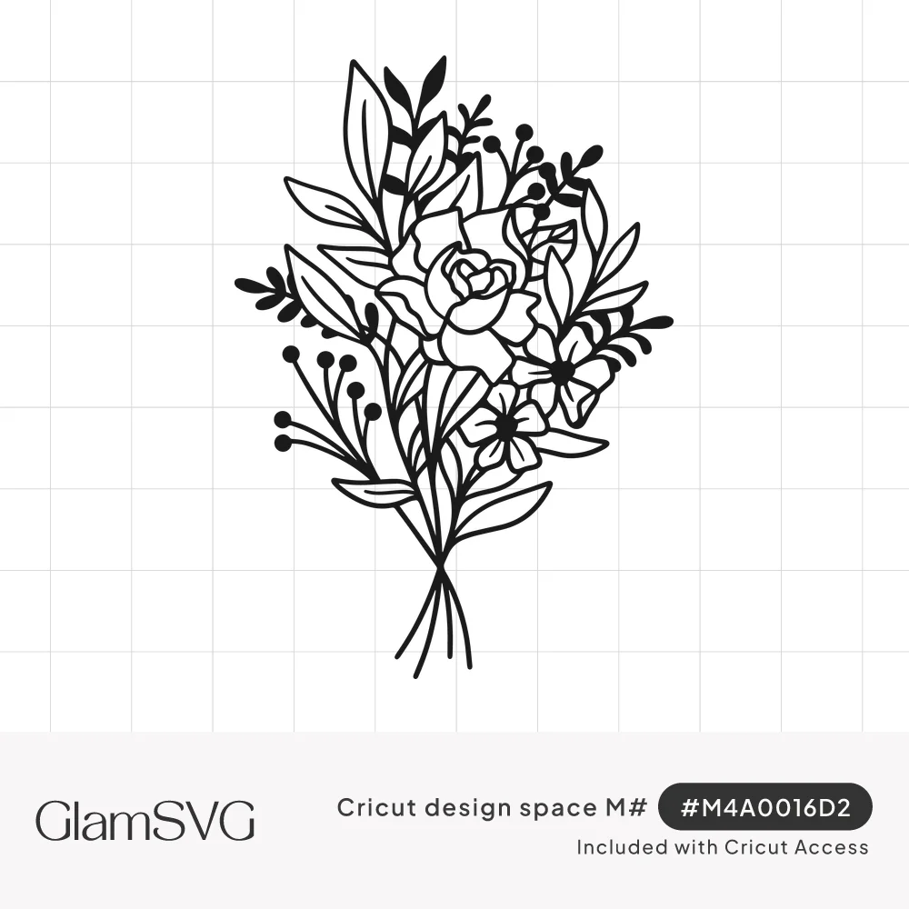 Black line art bouquet with a rose, small flowers, berry sprigs and leaves tied at the stems