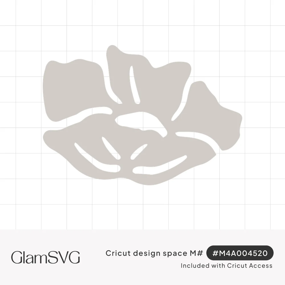 Simple light gray flower silhouette with rounded open petals and thin cut-out lines marking the petal folds