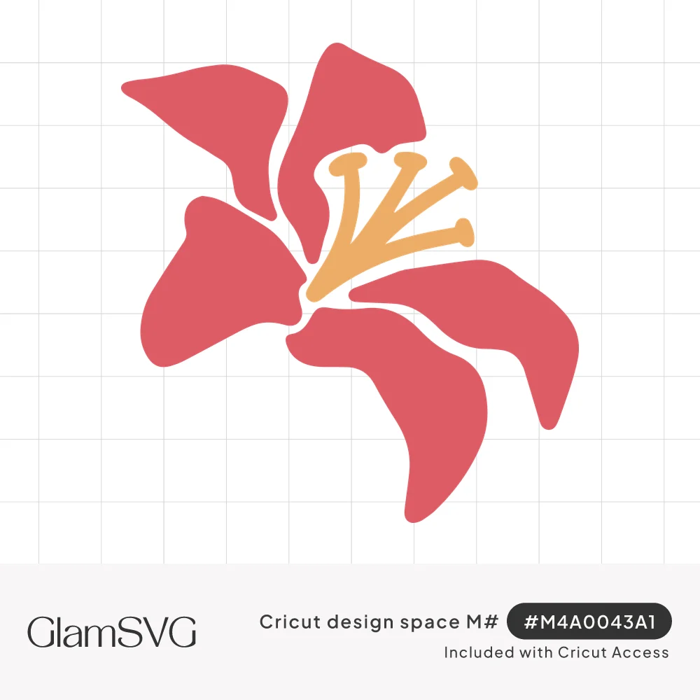 Coral pink lily flower with six curved petals and golden yellow stamens on a white background