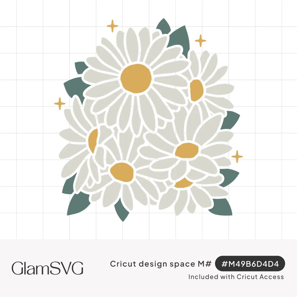 Cluster of white daisies with golden yellow centers, green leaves and small gold sparkles