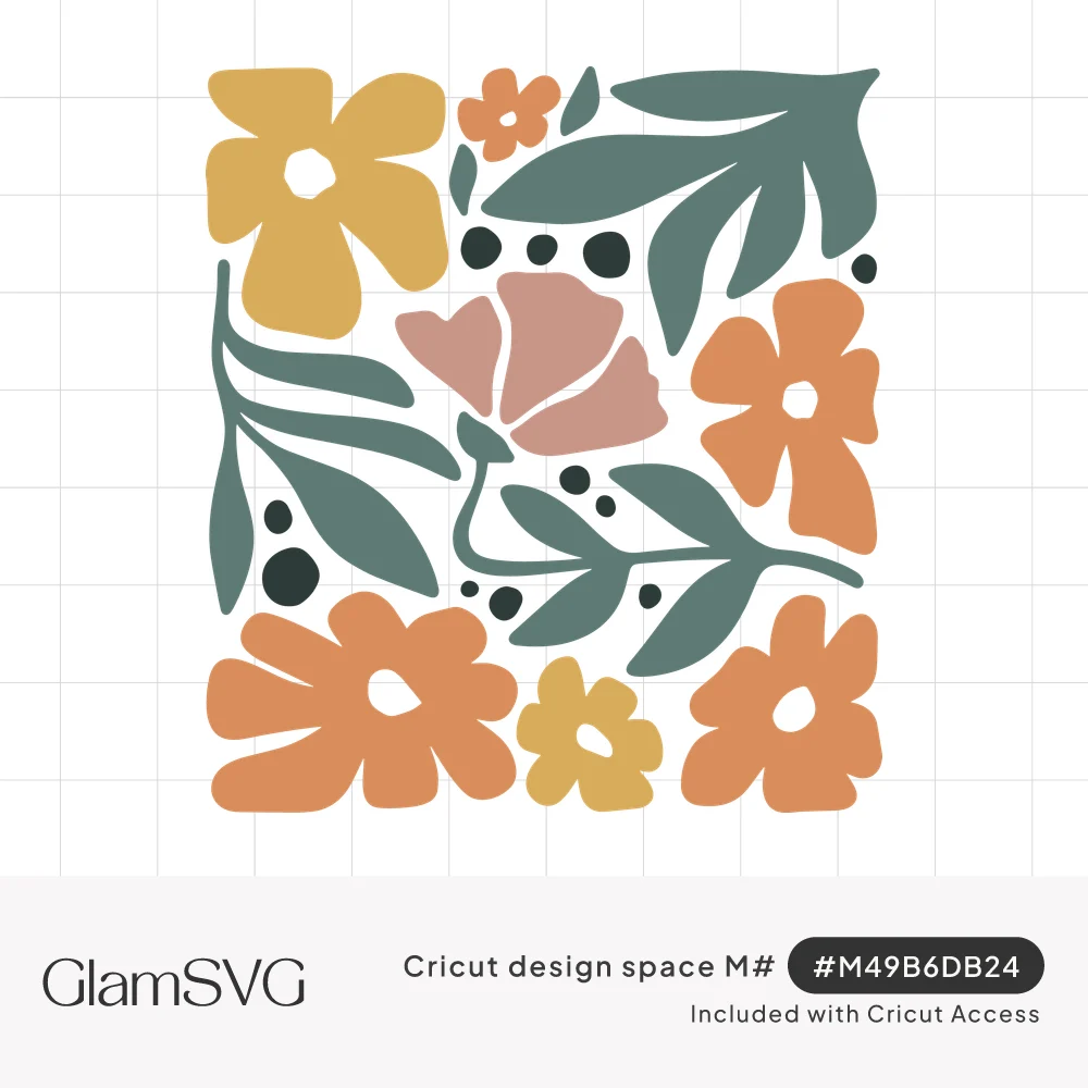 Square block of abstract mustard, orange and pink flowers with sage green leaves and dark dots