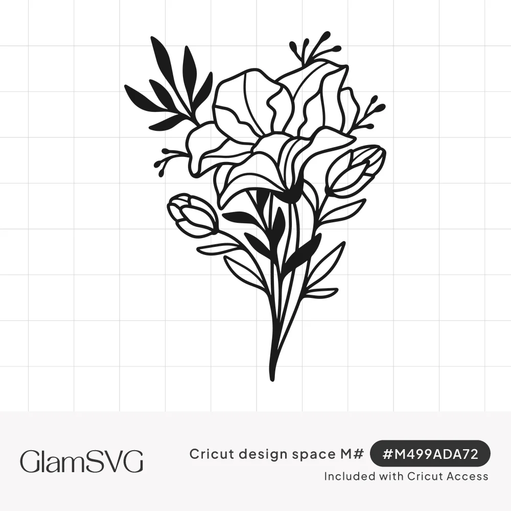 Black line art bouquet of open lily-like flowers, buds, slender stems and pointed leaves on a white background