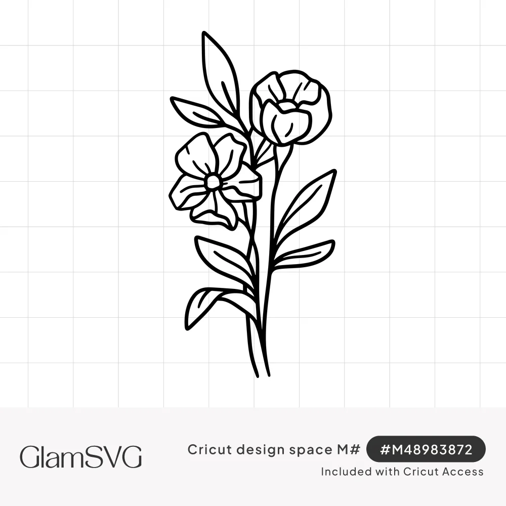 Black line art of a flower stem with an open five-petal bloom, a cupped bud and slender leaves