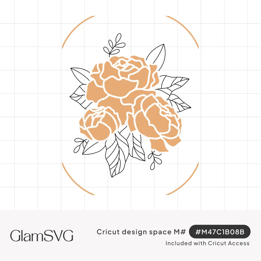 Three peach roses with gray outlined leaves and sprigs, framed by curved peach arcs above and below