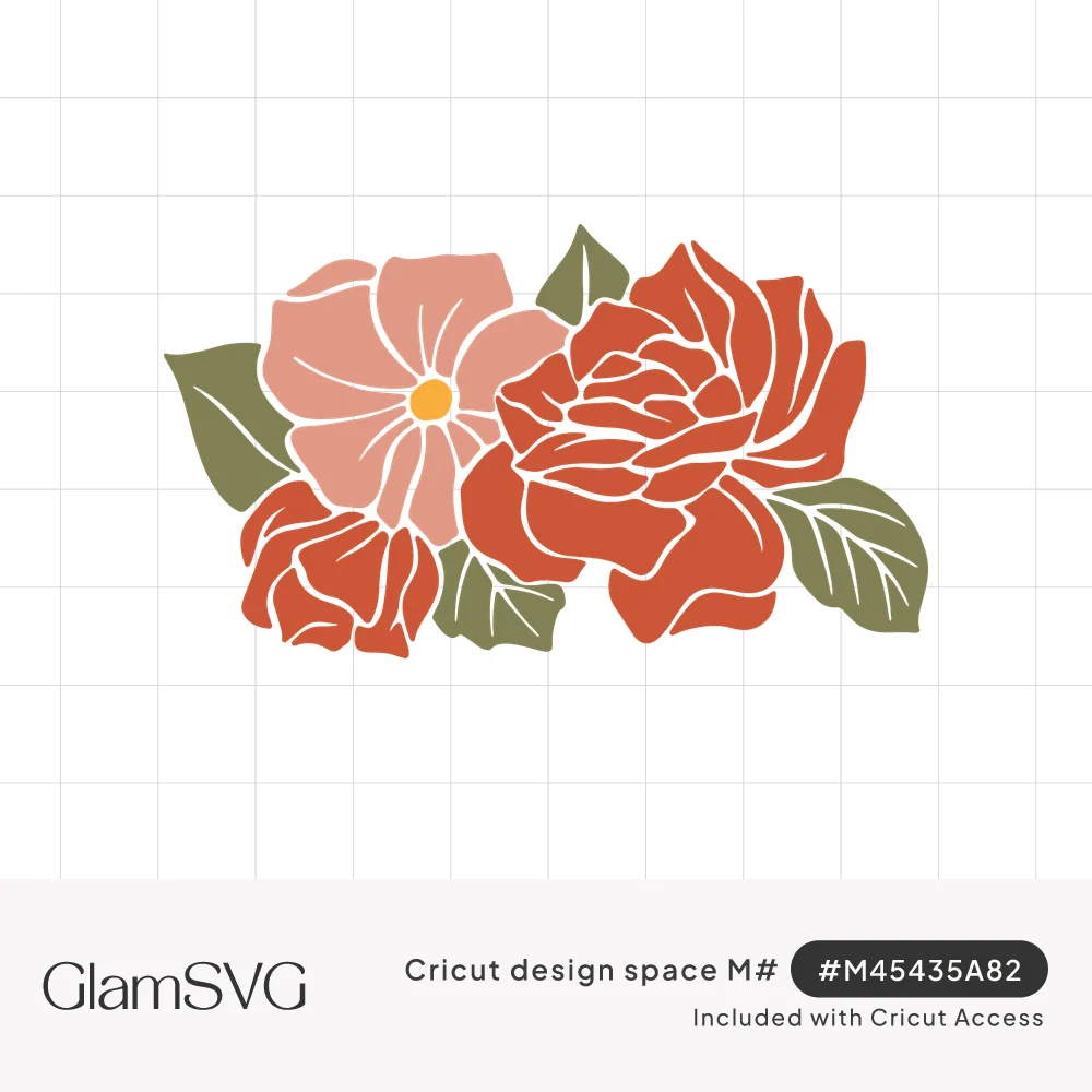 Layered floral cluster with a large terracotta rose, rosebud, pink five-petal blossom and sage green leaves