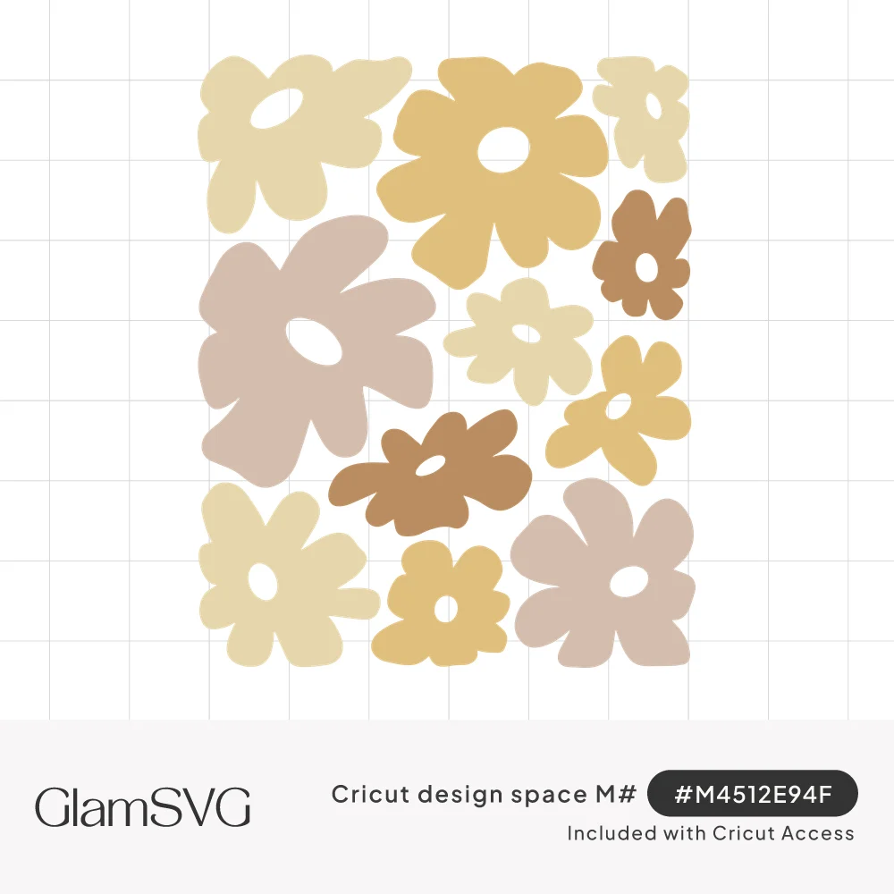Twelve wavy retro flowers with open centers in cream, mustard, blush pink and caramel brown tones