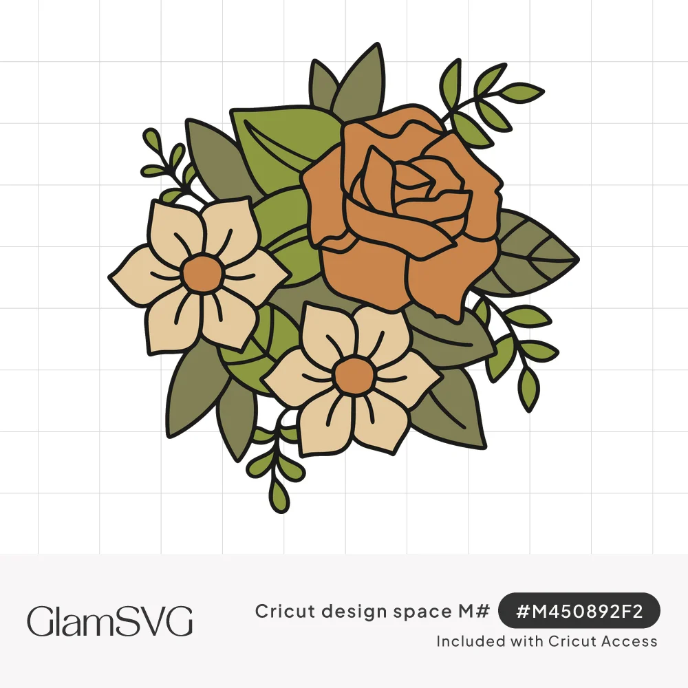 Floral bouquet of an orange rose, two cream five-petal flowers and green leaves with bold black outlines