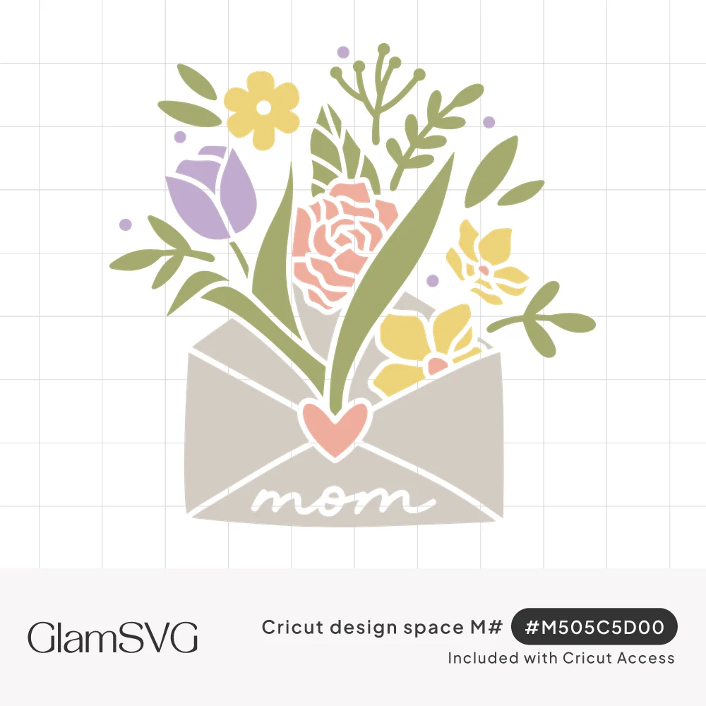 Gray envelope with pink heart seal and mom script, overflowing with tulip, rose, yellow flowers and green leaves