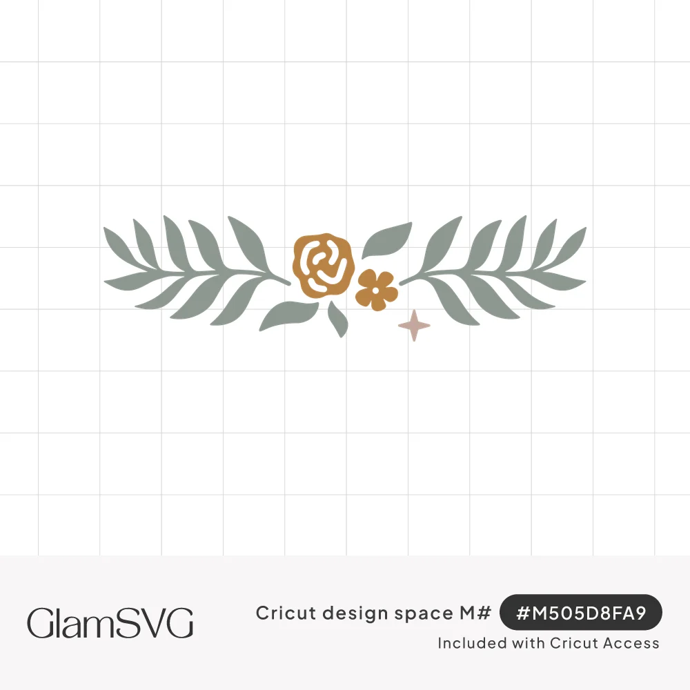 Horizontal border of sage green leaf branches around a golden rose, small orange flower and pink sparkle