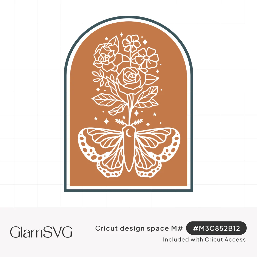 White line art moth with crescent moon and rose bouquet among stars inside a terracotta arched frame with dark border