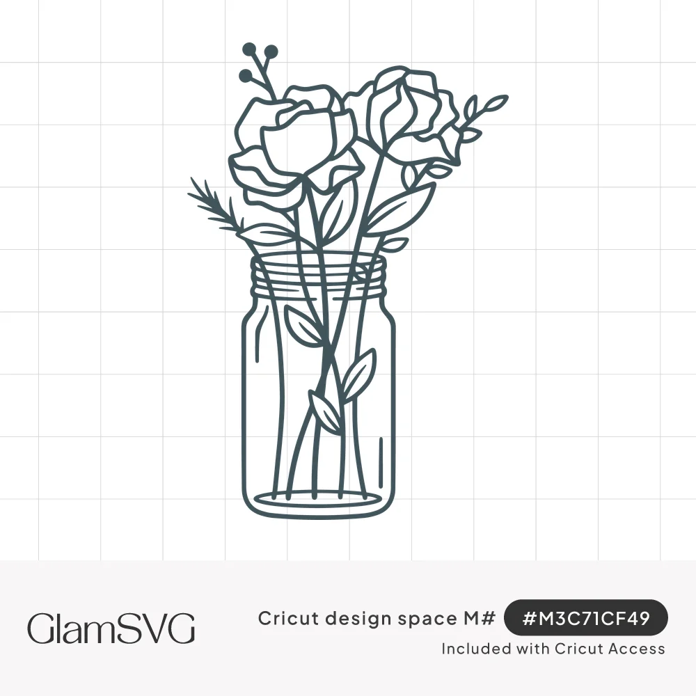 Line drawing of two roses with rosemary, berries and leaves arranged in a clear mason jar