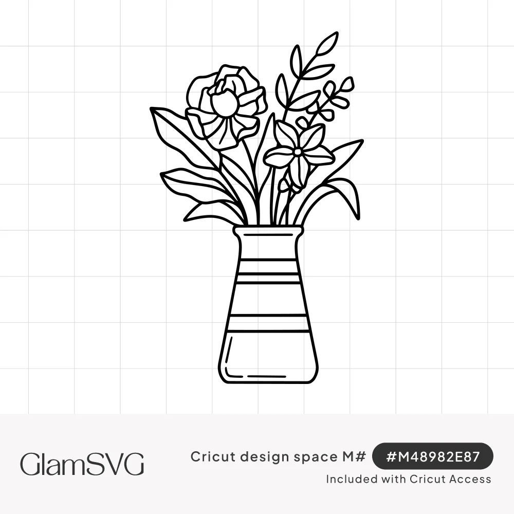 Black line drawing of a rose, star-shaped flower and leafy stems arranged in a tall striped vase