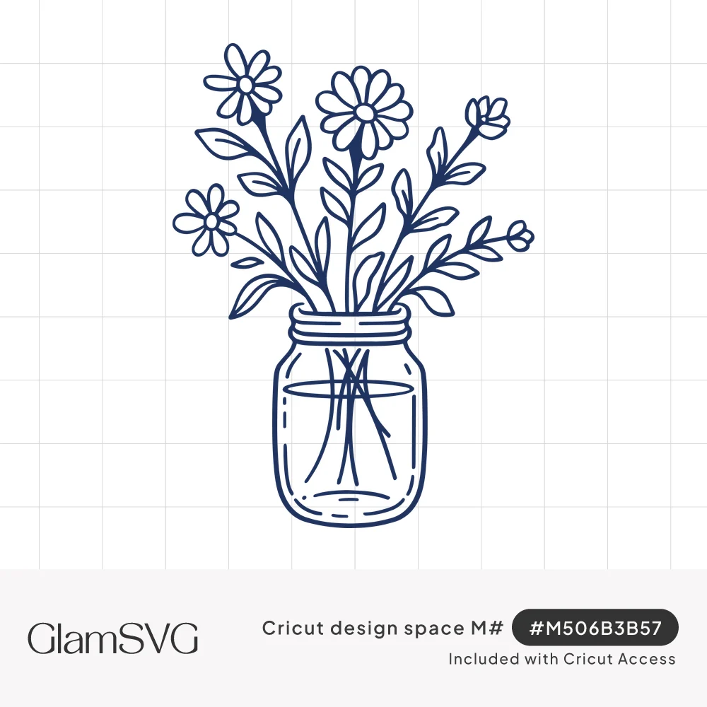 Line drawing of a mason jar filled with water and a bouquet of daisies and wildflowers with leafy stems