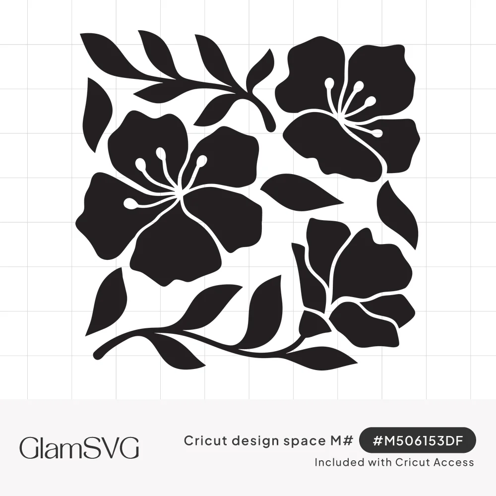 Black silhouette of three hibiscus flowers with stamens and leafy branches arranged in a square block