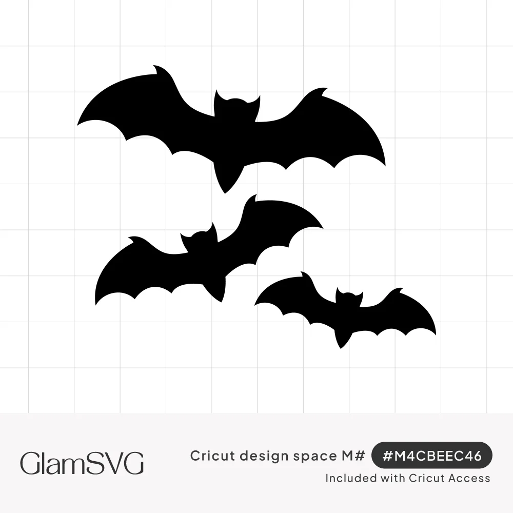 Three black bat silhouettes of different sizes flying diagonally with wings spread wide on a white background